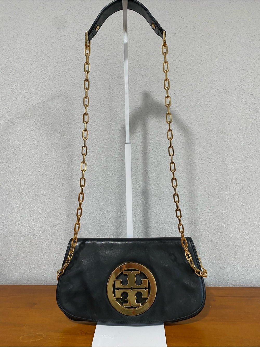 Black Leather Shoulder Bag with Gold Logo Chain